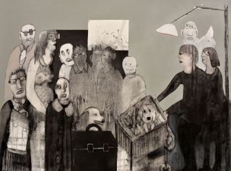 Αγγελική Λόη / κάρβουνο και πλαστικό σε τελαρωμένο πανί